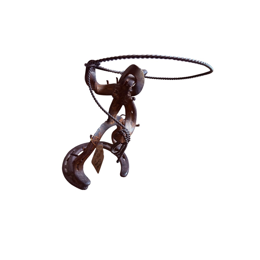 Vintage Horseshoe Cowboy Sculpture Metal Folk Art Lasso Western Rustic Decor 8in